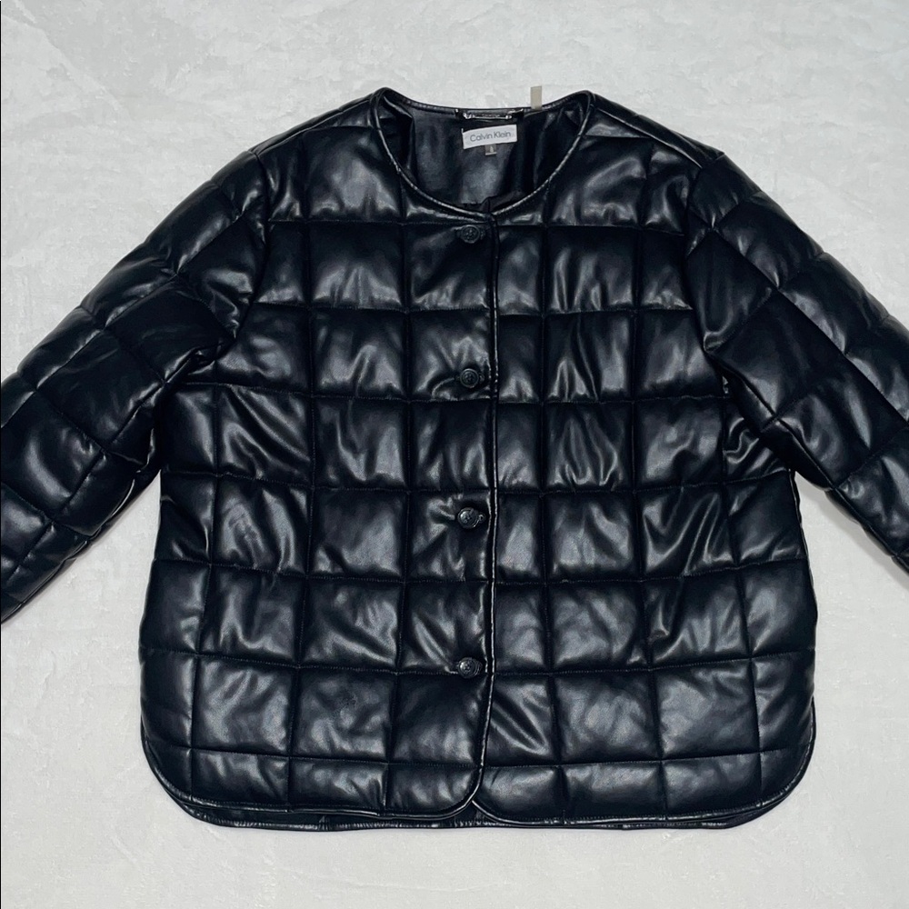 Calvin Klein Women’s Black Quilted Faux-Leather Puffer Jacket